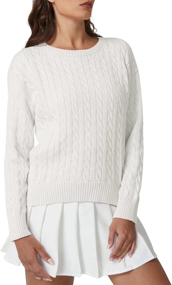 QINSEN Cable Knit Sweater for Women Long Sleeve 90s Vintage Ribbed Pullover Crewneck Sweater Tops | Amazon (US)