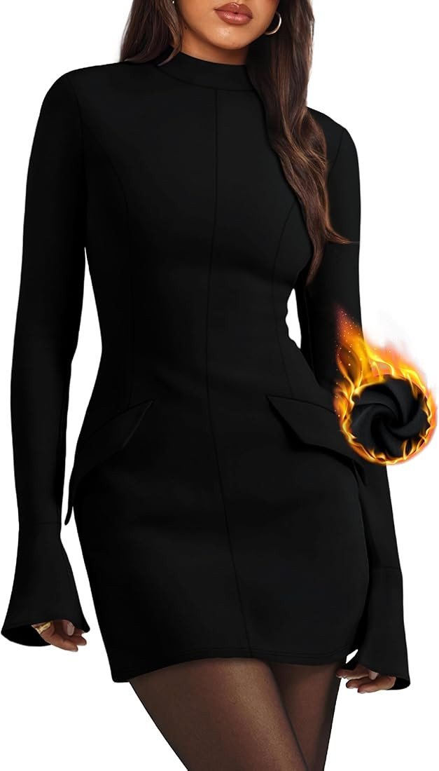 OFEEFAN Women's Fall Long Sleeve Mock Neck Dress Basic Party Club Bodycon Mini Dresses | Amazon (US)