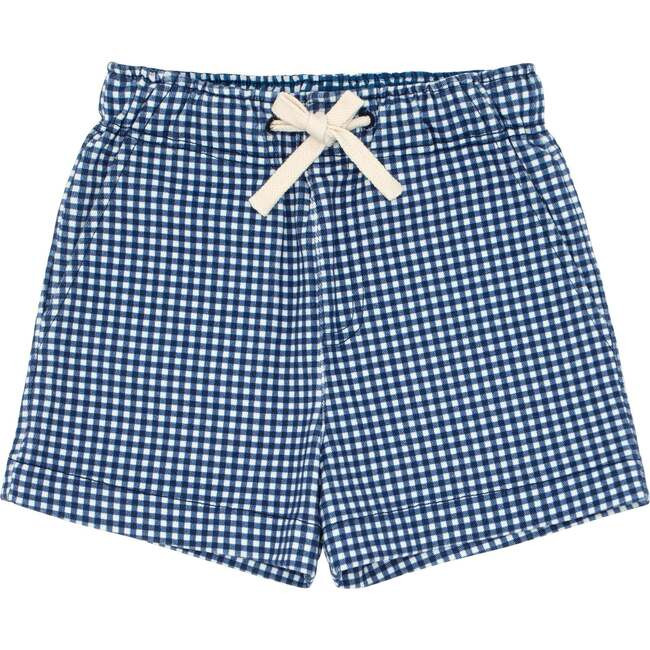 Gingham Canvas Above Knee Drawstring Shorts, Navy | Maisonette