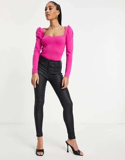 ASOS DESIGN jumper with sweetheart neck and puff shoulder detail in pink | ASOS (Global)