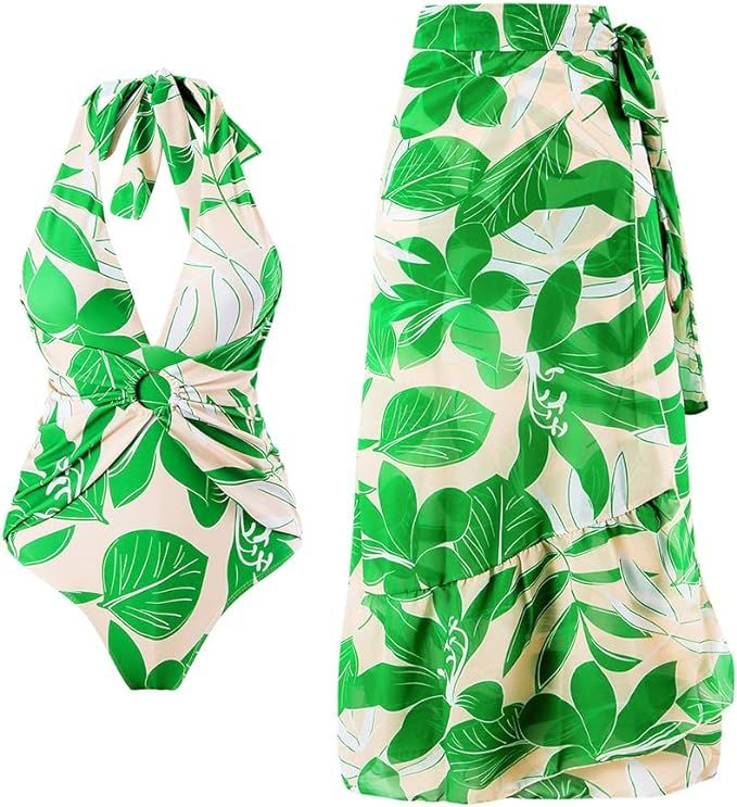 IMEKIS Women 2 Piece Swimsuit with Cover Ups Set Flower Swimwear Sarong Bathing Suits Summer Holi... | Amazon (US)