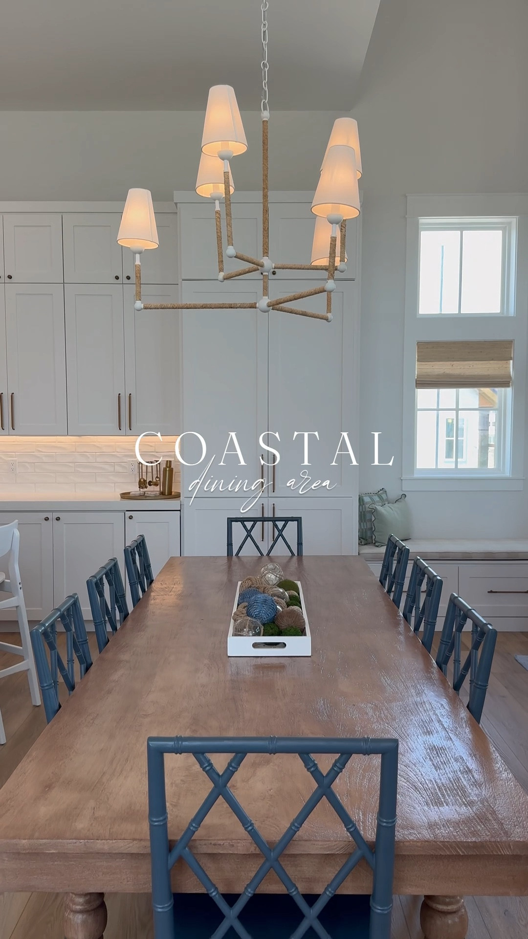 Navy Birch Lane chairs + wood Wayfair dining table + a soft One Kings Lane Glow = coastal dining perfection. 🌊
 #diningroom