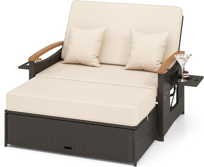 LDAILY Moccha Outdoor Wicker Daybed, Patio Rattan Loveseat Sofa w/ 4-Level Adjustable Backrest, F... | Amazon (US)