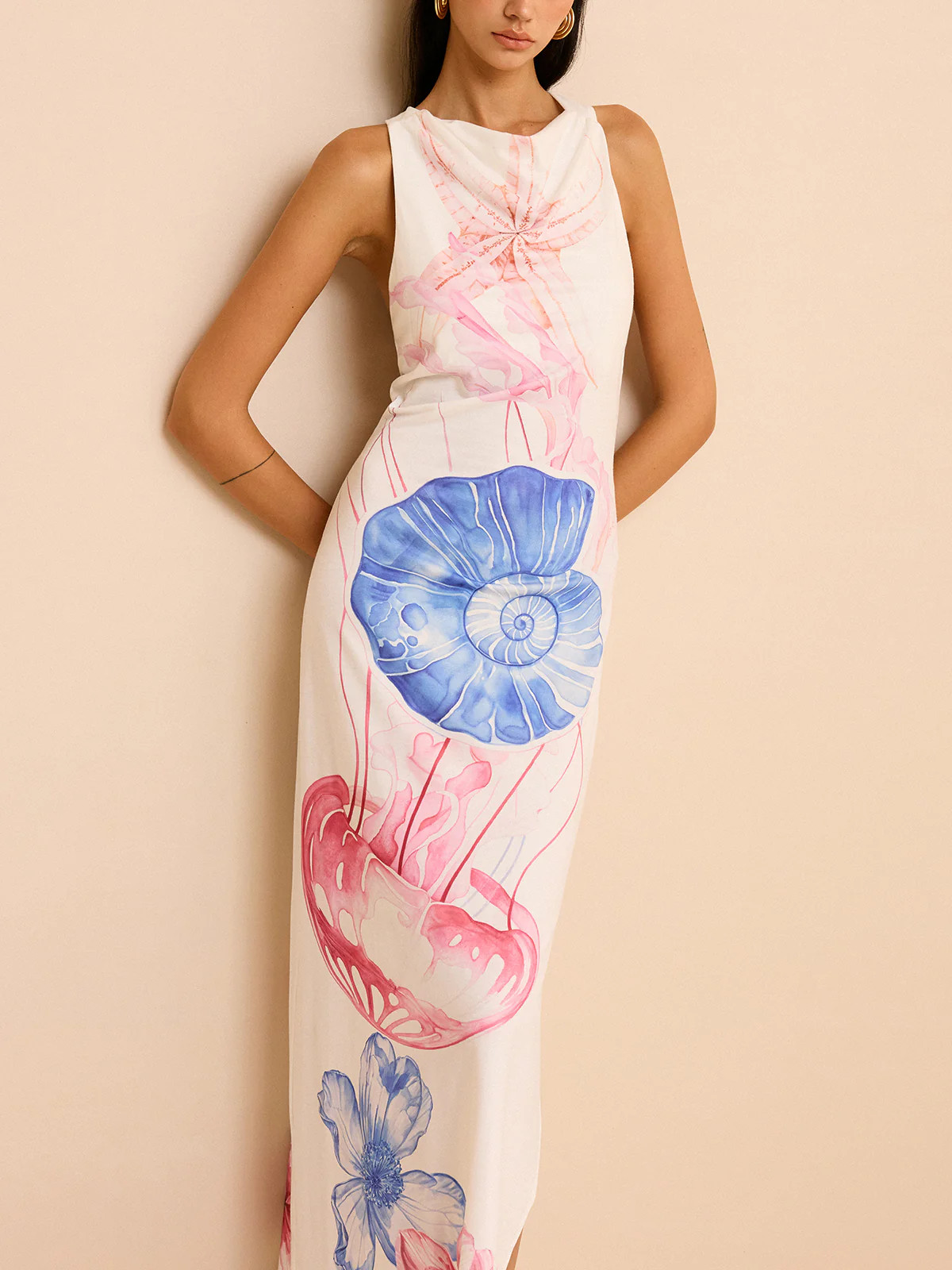 Semi-Sheer Ocean Print Maxi Dress with Slit | Commense