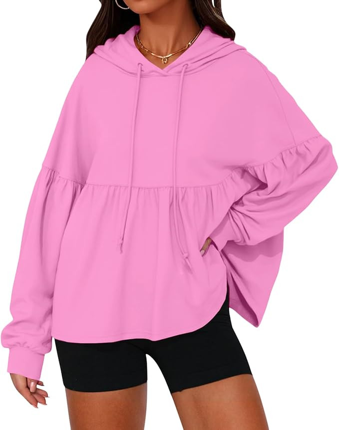 Hoodies for Women Oversized Sweatshirts Casual Lantern Sleeve Peplum Tops Drawstring Loose Hooded... | Amazon (US)