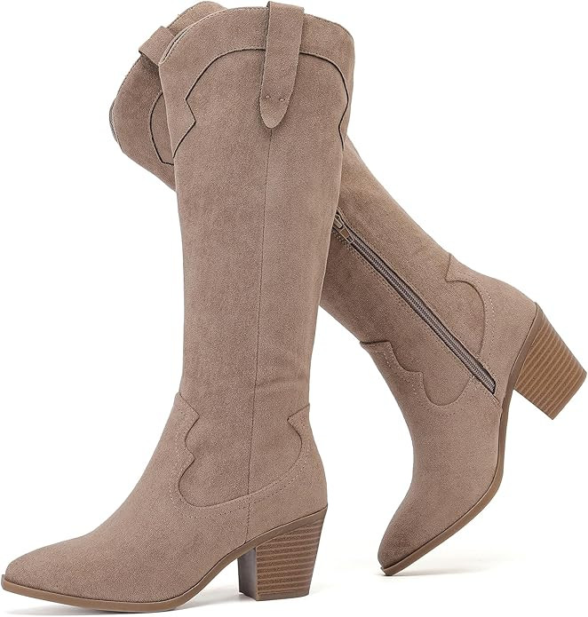 Women's Cowboy Knee High Boots - Comfortable Wide Calf Fashion Chunky Heel Long Boot Casual Weste... | Amazon (US)