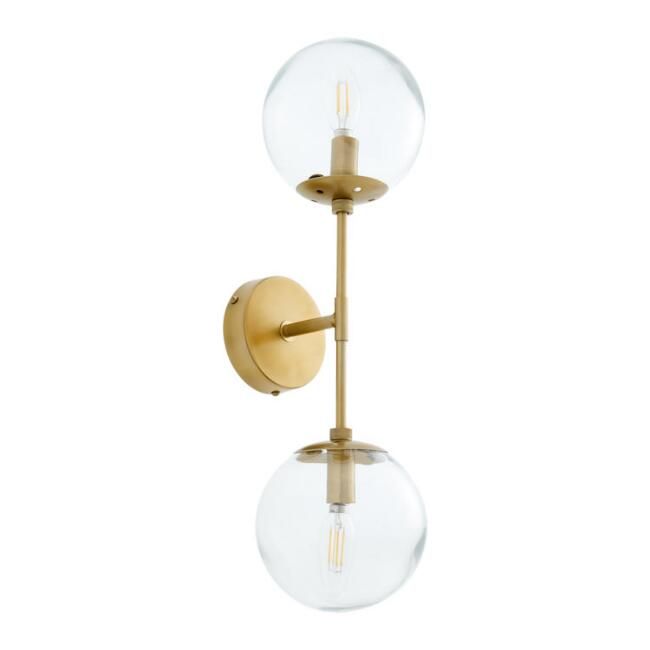 Olivia Brass And Clear Glass Globe 2 Light Wall Sconce | World Market