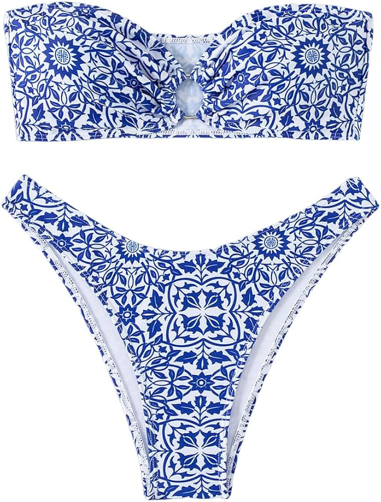 SHENHE Women's Floral Bandeau Bikini Set O Ring High Cut Strapless 2 Piece Swimsuit | Amazon (US)