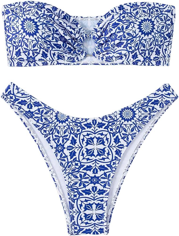 SHENHE Women's Floral Bandeau Bikini Set O Ring High Cut Strapless 2 Piece Swimsuit | Amazon (US)