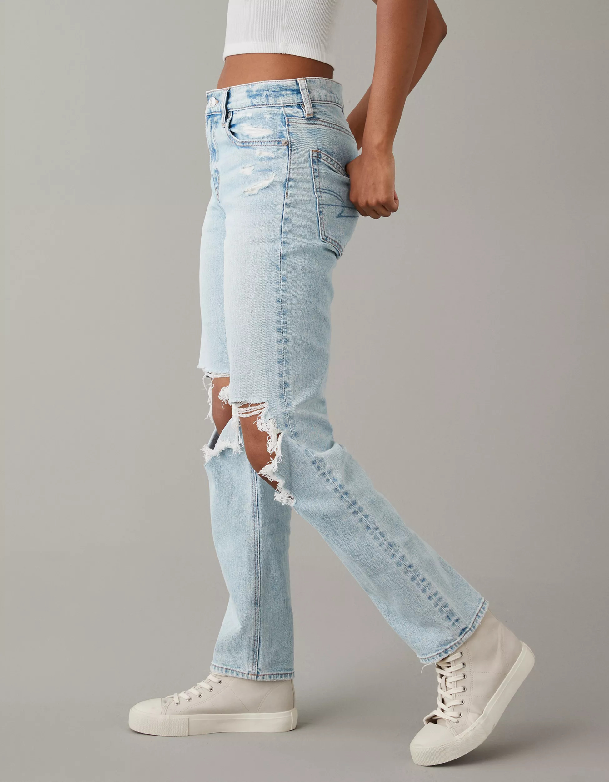 AE Stretch Super High-Waisted Ripped Ankle Straight Jean | American Eagle Outfitters (US & CA)