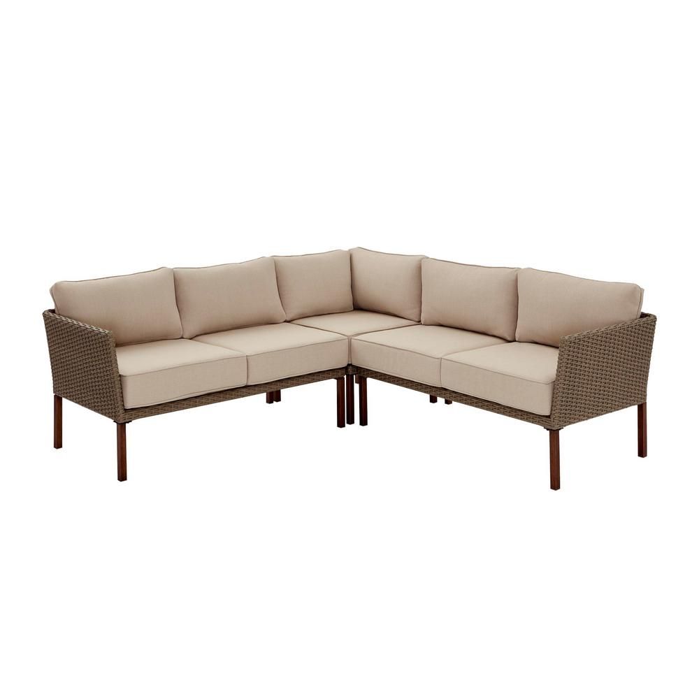 Oakshire 3-Piece Steel Outdoor Patio Sectional Sofa with Tan Cushions | The Home Depot