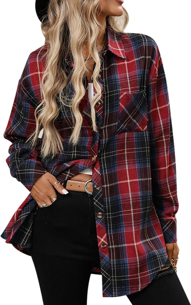 CHYRII Womens Oversized Flannel Shirts Button Down Long Sleeve Plaid Shirt Business Casual Blouse... | Amazon (US)