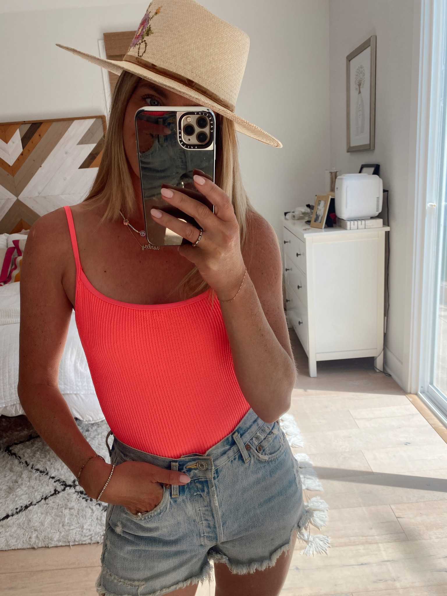 Hot pink scrunch texture swimsuit and agolde Parker denim shorts  

#LTKswim #LTKstyletip #LTKSeasonal