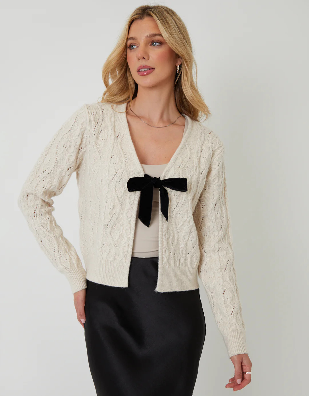 Cream Cable Knit Velvet Bow Detail Cardigan | Threadbare