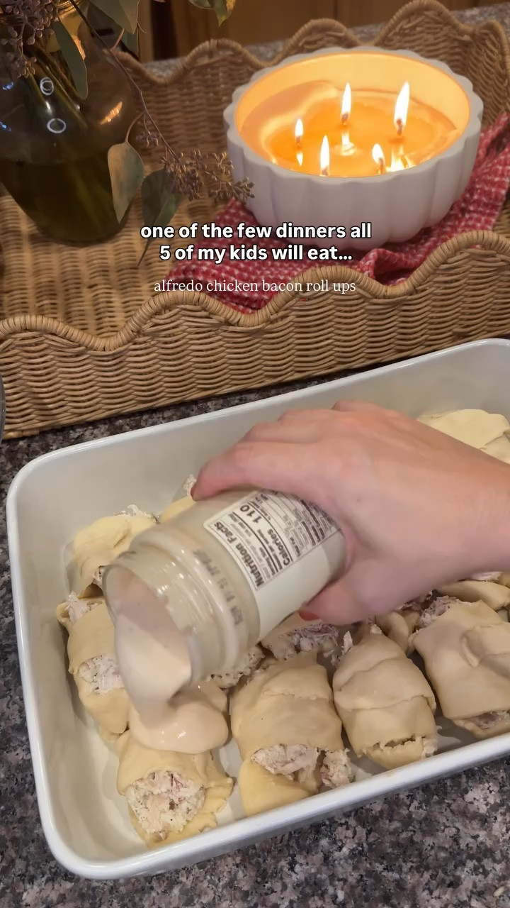 Finding a dinner all 5 of my kids will eat is rare… but this one works every time. 🙌

With 5 kids and very different food preferences, dinner can feel like a gamble. Someone usually doesn’t like something. But these Alfredo chicken bacon rollups are one of those meals that everyone happily eats.

I also love that it comes together in just a few minutes. Mix, roll them up, bake, and dinner is basically done.

Saving this one for those busy nights.

Alfredo Chicken Bacon Rollups

Ingredients
• 1 lb rotisserie chicken (shredded)
• 1 block cream cheese, softened
• 1–2 cups freshly grated mozzarella
•  bacon bits
• 1 tsp salt
• 1 tsp pepper
• 1 tsp garlic powder
• 1 tsp Italian seasoning
• 1 tsp onion powder
• 2 cans crescent dough
• 1 jar Alfredo sauce

Directions
	1.	Preheat oven to 350°.
	2.	In a bowl mix chicken, cream cheese, bacon, mozzarella and all seasonings.
	3.	Open crescent dough and place a scoop of the mixture in the center of each roll.
	4.	Roll them up and place in a 9×13 baking dish.
	5.	Pour Alfredo sauce over the top and sprinkle with more mozzarella and a little Italian seasoning.
	6.	Bake 30–35 minutes until golden and bubbly.

Easy dinner, minimal effort, and everyone actually eats it. That’s a win in this house.

Save this one for later 🤍

#dinneridea #easyweeknightdinner #momof5 #familymealideas #easyrecipes

#LTKvlog #LTKfoodie #LTKmomlife