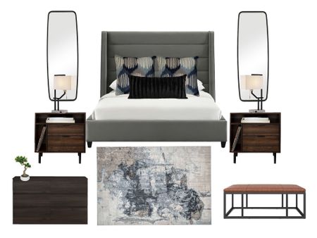 After a long day, a calm and relaxing bedroom is a necessity. Unwind with the upholstered bed, wood nightstands, abstract modern rug, wall mirrors, bachelor pad, mens decor