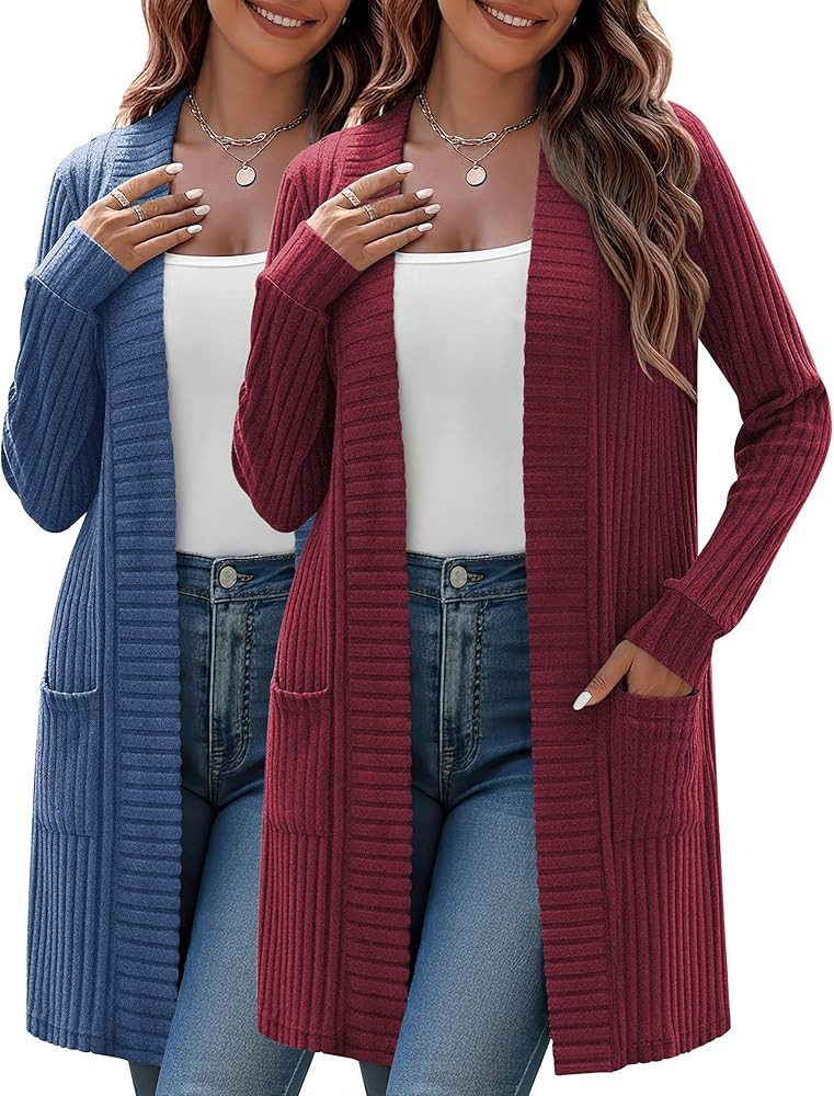 Huukeay 2 Pack Women's Plus Size Cardigans, Long Sleeves Knit Outerwear Coats Open Front Casual W... | Amazon (US)