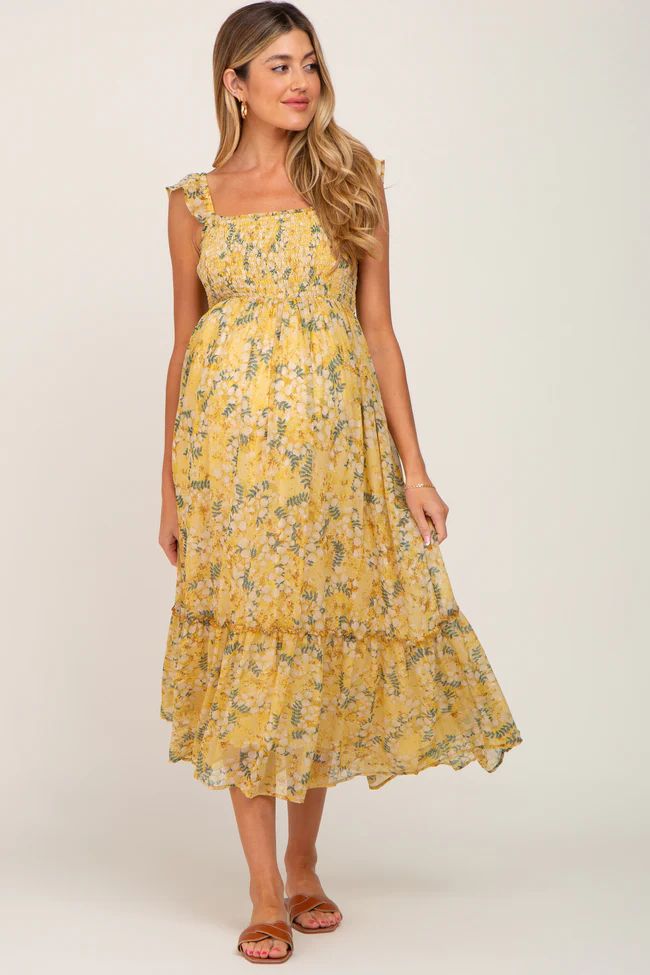 Yellow Floral Smocked Maternity Maxi Dress | PinkBlush Maternity