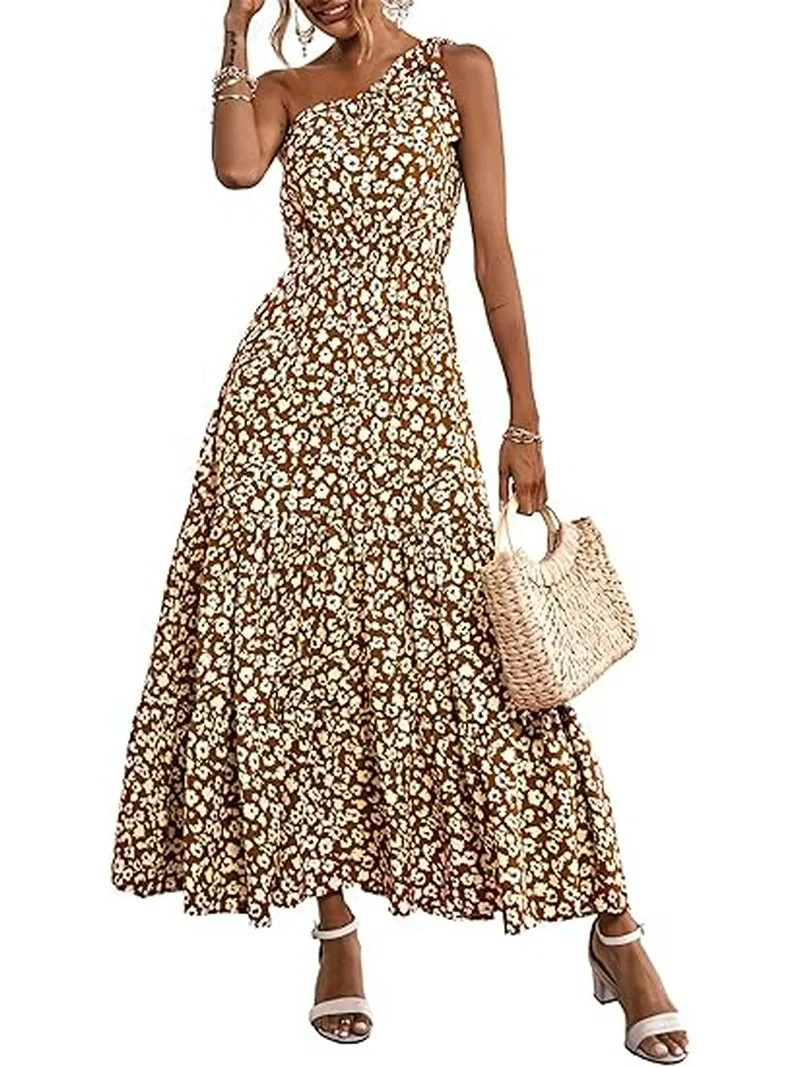 PRETTYGARDEN Women's Summer Floral One Shoulder Maxi Dress Knot Ruffle Boho Beach Vacation Weddin... | Walmart (US)