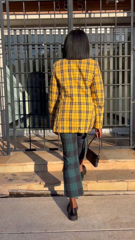 Yellow plaid blazer, green & blue plaid trousers, chuncky black loafers, black printed should bag and black rectangular sunglasses from Free Assembly Walmart. I’m wearing a medium in the top and 2 in pants. Runs true to size. Great holiday look if you don’t want to red  

#LTKHoliday #LTKworkwear #LTKunder50