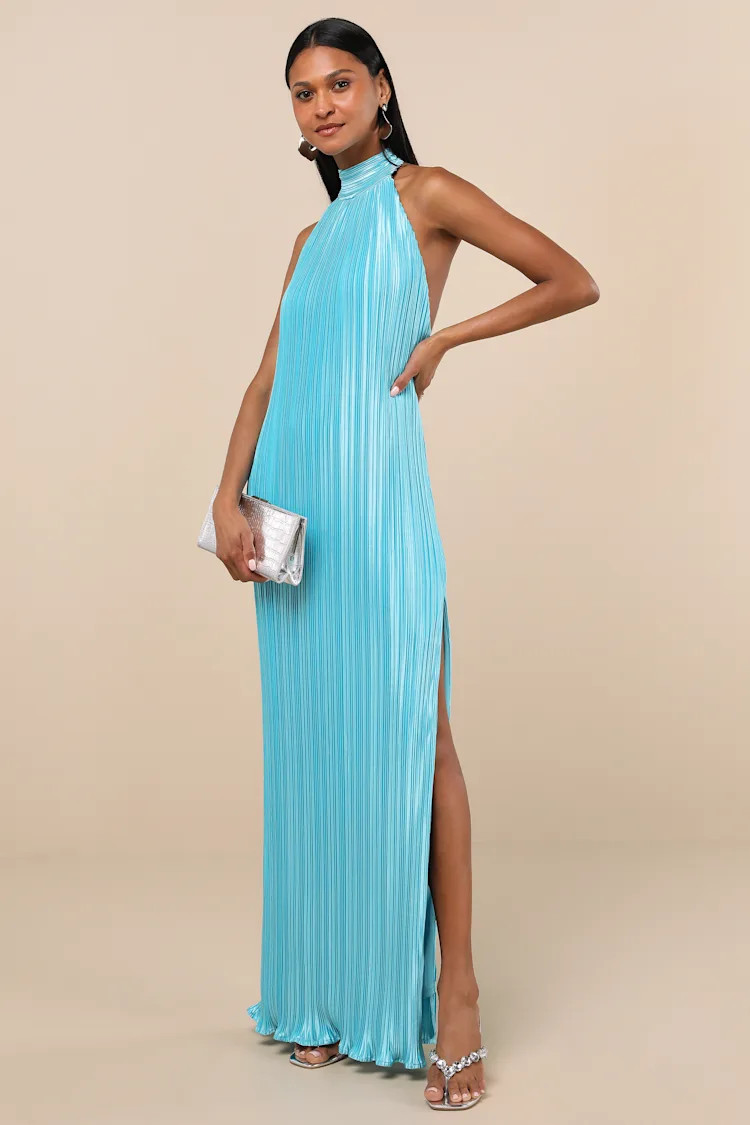 Gwenny Aqua Blue Satin Plisse Maxi Dress | Lulus