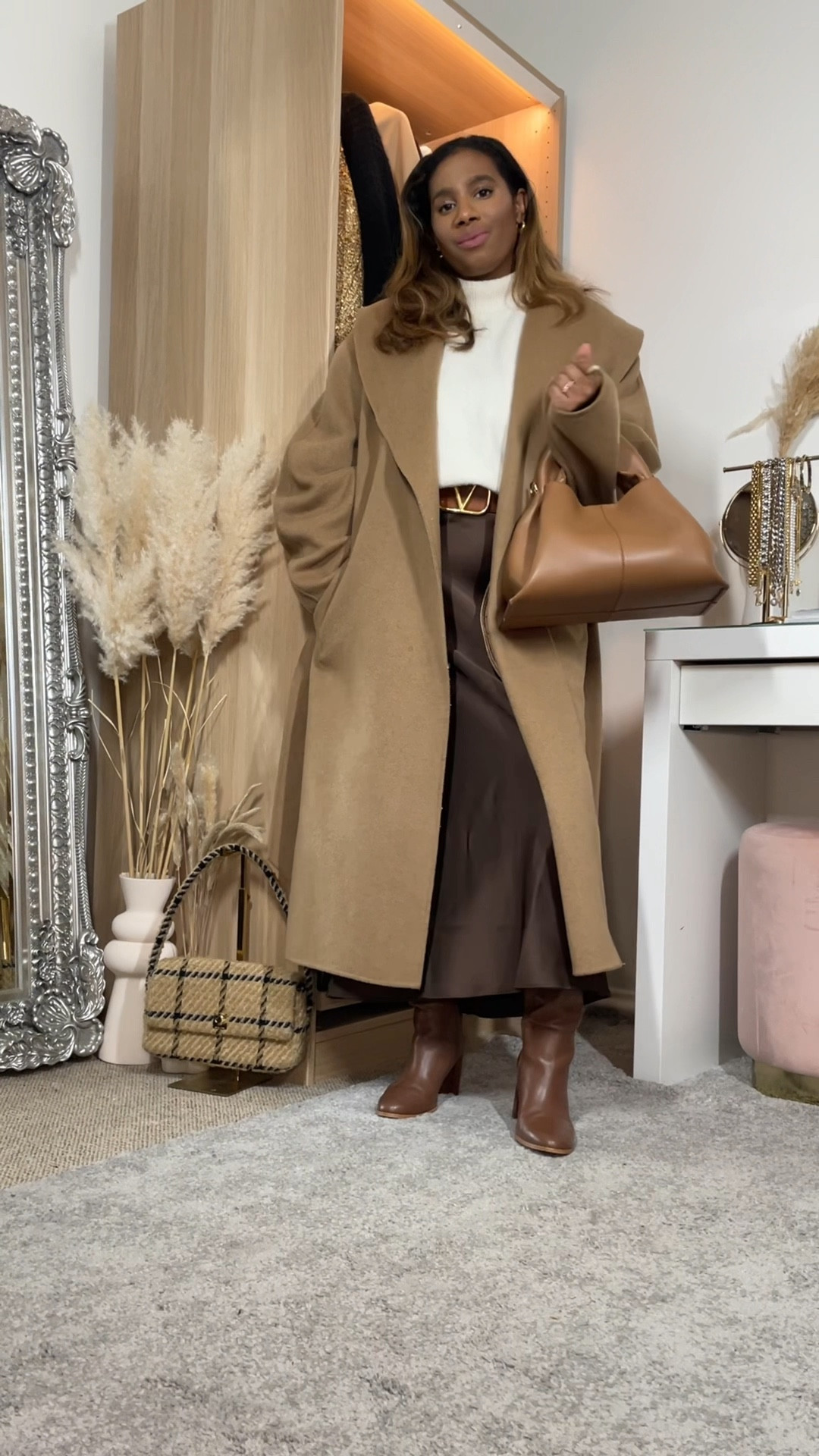 Coat (alternative linked) 
Cream jumper (linked)
Belt (linked)
Skirt (alternative linked) 
Boots (alternative linked)
Bag (alternative linked) 

#LTKeurope #LTKuk #LTKautumn