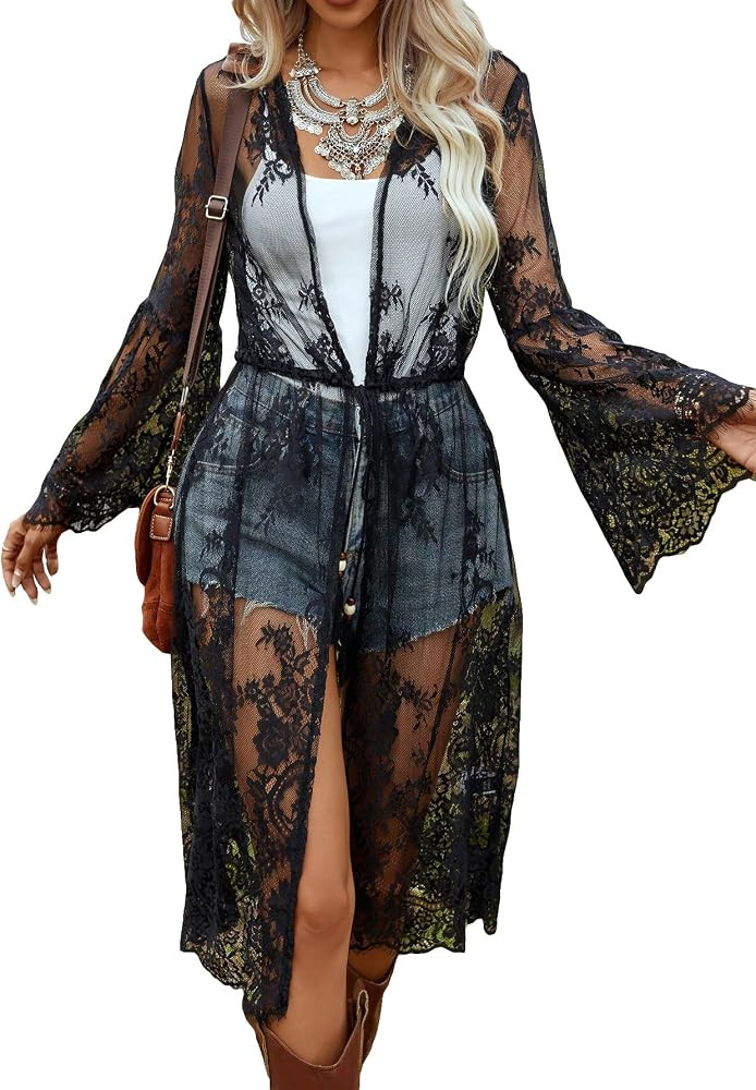 MakeMeChic Women's Floral Lace Kimono Lightweight Cardigan Sheer See Through Bathing Suit Cover U... | Amazon (US)