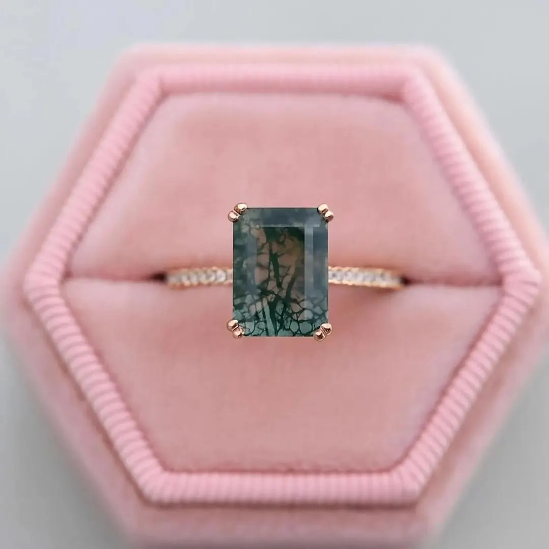 Moss Agate Ring – Emerald Cut Moss Agate Engagement Ring – Rose Gold Solitaire With Dainty Pa... | Etsy (US)