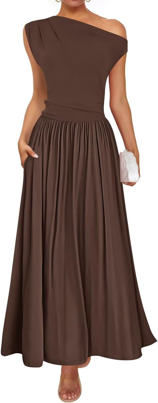 ZESICA Womens Sleeveless One Shoulder Maxi Dress with Pockets | Amazon (US)