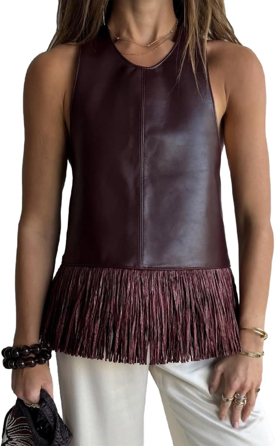 Faux Leather Top for Women Halter Backless Tops with Fringe Sexy Club Outfits | Amazon (US)