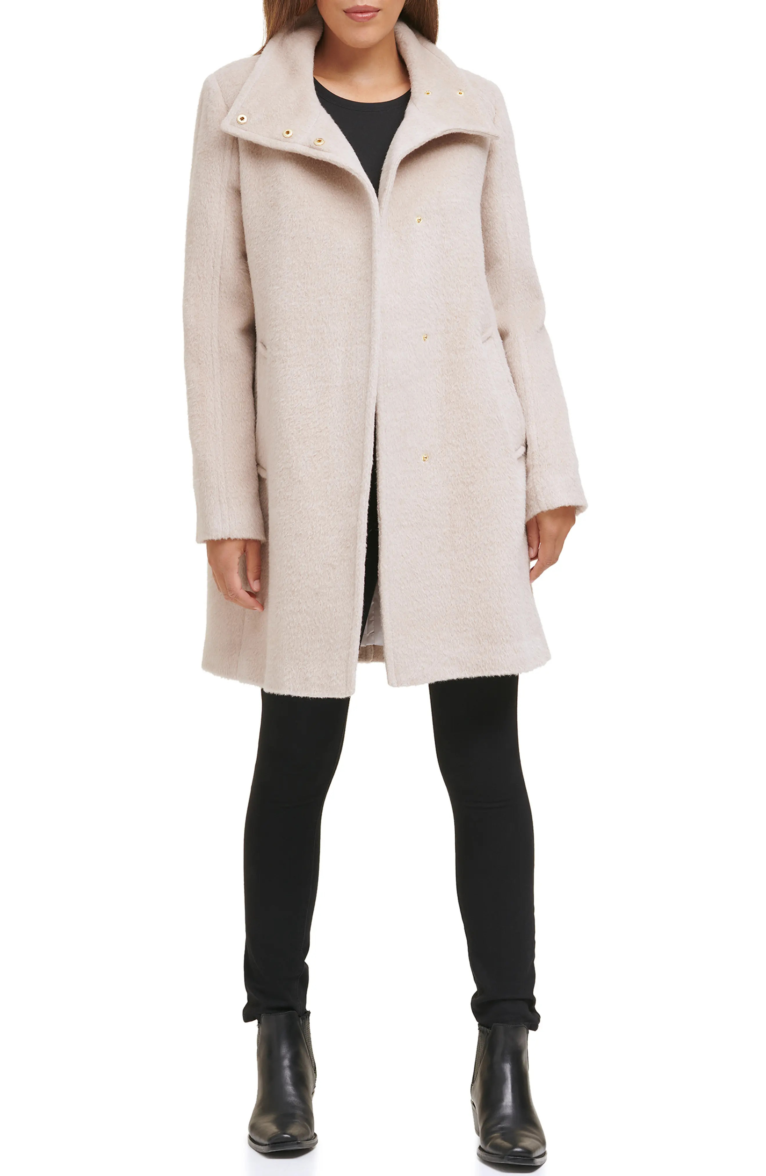 Cole Haan Stand Collar Wool Blend Coat, Size 10 in Bone at Nordstrom | Nordstrom