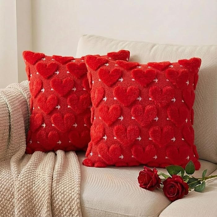 Vermeyen 2 Pack Valentines Day Pillow Covers 3D Embroidered Heart Pillow Plush Faux Fur Red Pillo... | Amazon (US)