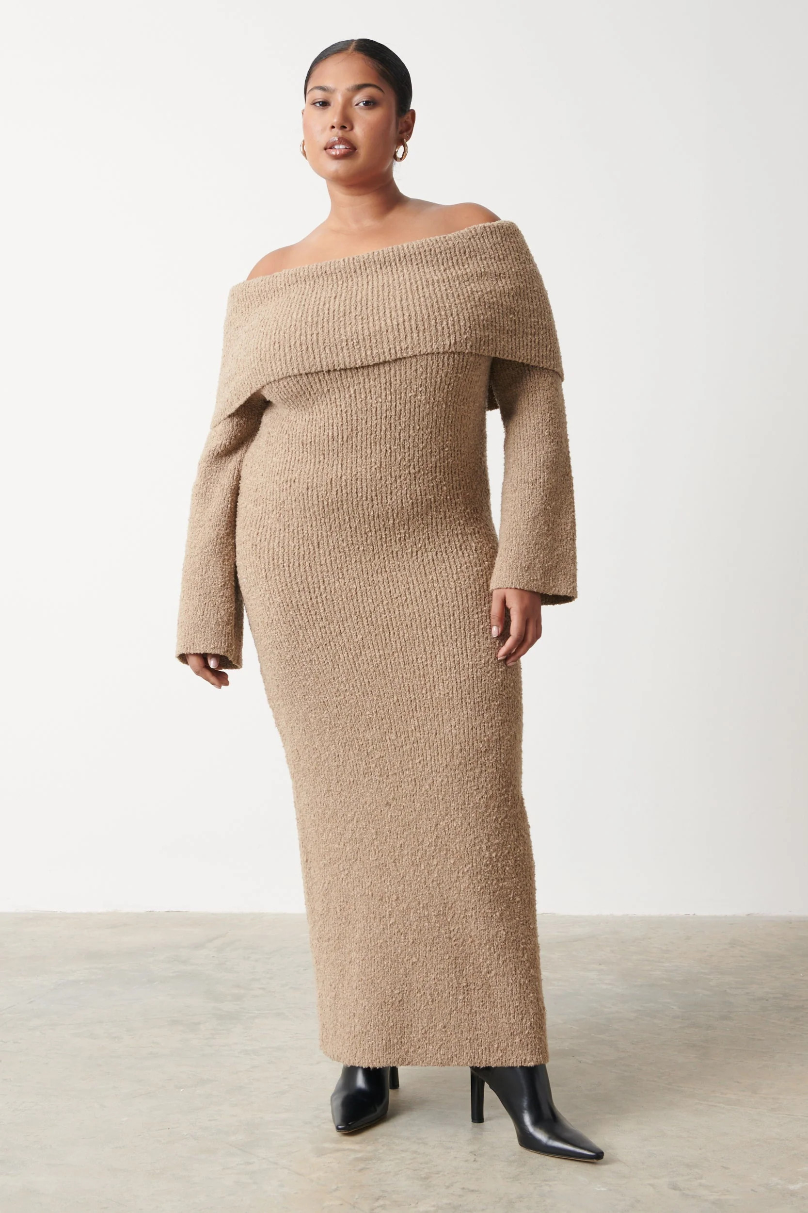 Elodie Midaxi Bardot Knit Dress Curve - Mushroom | Pretty Lavish (UK)