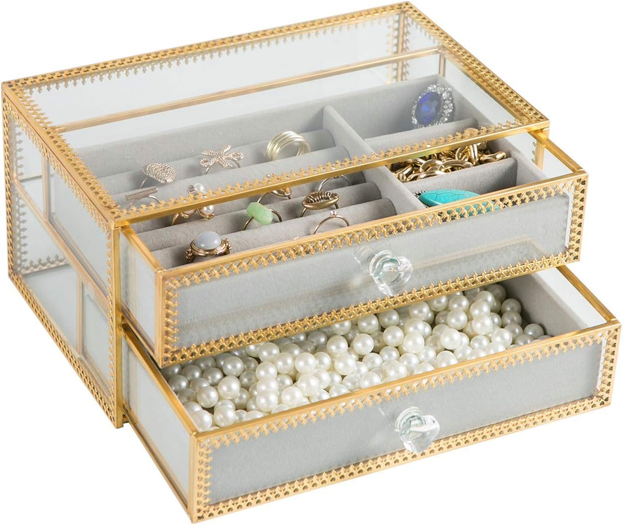 Vanity Vintage Clear Glass Golden Jewelry Box, 2 Drawers Jewelry Case with Removable Velvet Tray ... | Amazon (US)