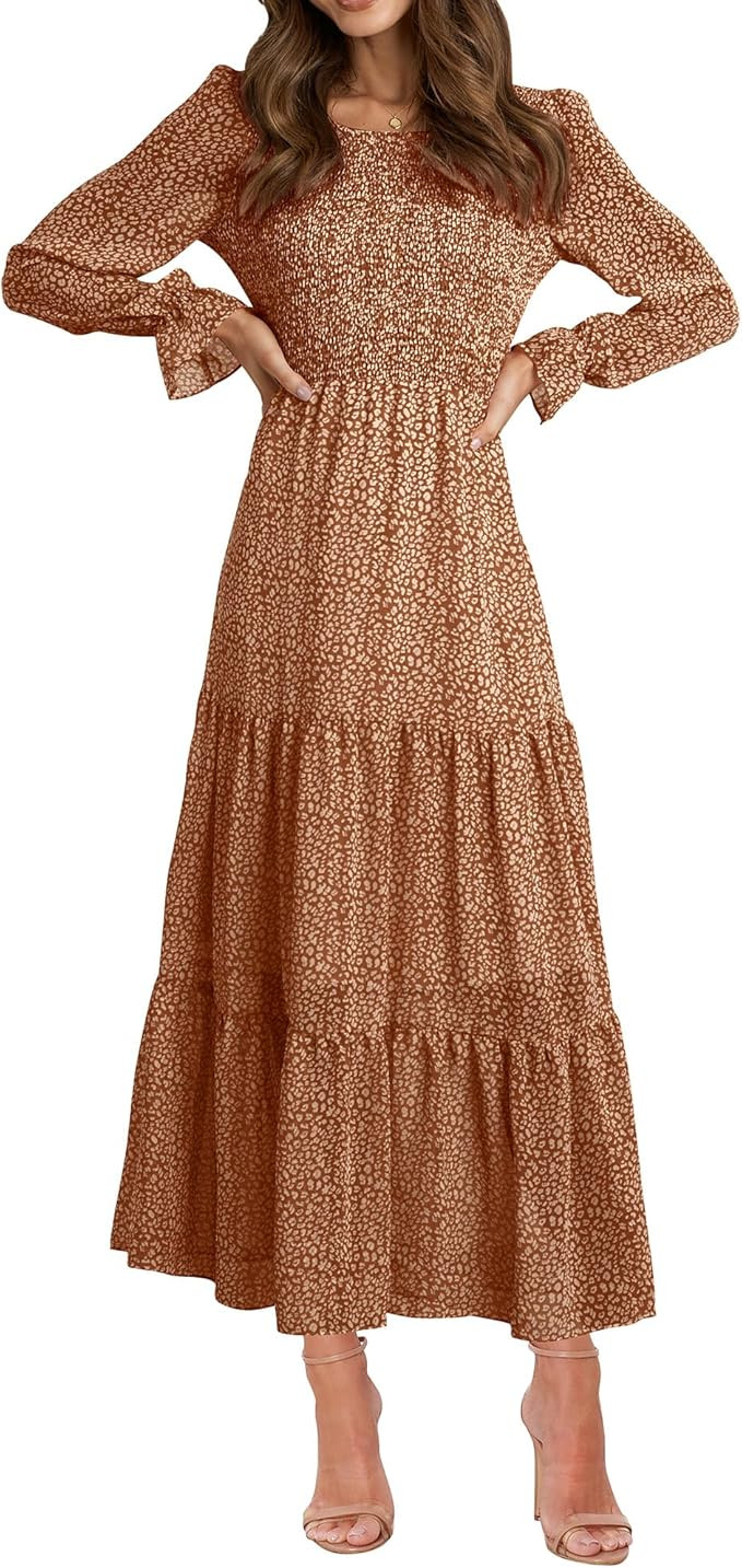 BTFBM Women Casual Long Sleeve Crew Neck Fall Dress Bohemian Relaxed Fit Floral Flowy Maxi Dresse... | Amazon (US)