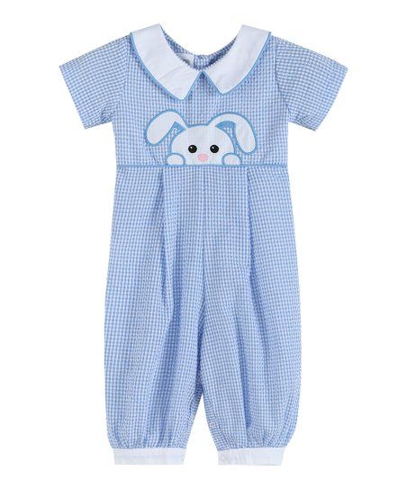 Light Blue Gingham Peek-a-Boo Easter Bunny Collared Playsuit - Infant & Toddler | Zulily