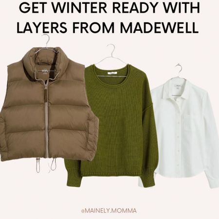 Get winter ready with layers from Madewell! 
Layer a white button down shirt with a pullover sweater and top it off with a puffer vest! 

#LTKHoliday #LTKstyletip #LTKSeasonal