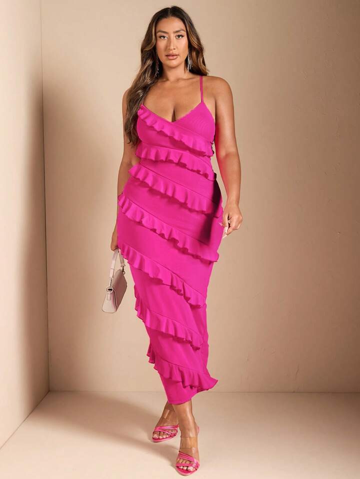 SHEIN BAE Plus Size Women's Romantic Ruffled Hem Back Slit Long Tank Dress | SHEIN