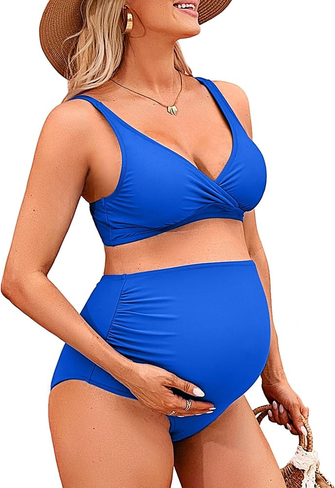 Charmo High Waisted Maternity Swimsuit Bikini Set V Neck Pregnancy Bathing Suits Push Up Two Piec... | Amazon (US)