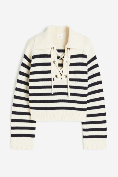 Lace-up Sweater with Collar - Cream/blue striped - Ladies | H&M US | H&M (US + CA)