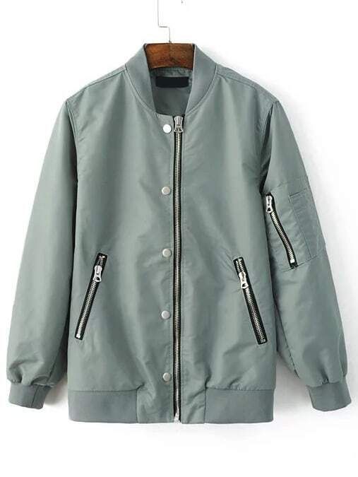 Green Stand Collar Bomber Jacket With Zipper | Romwe