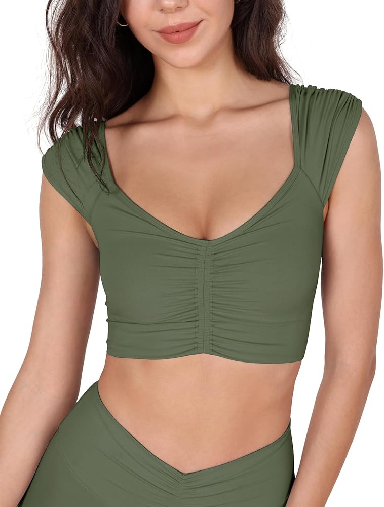 ODODOS Ruched Front Crop Tank for Women V-Neck Cut Out Back Cap Sleeve Cropped Tops | Amazon (US)