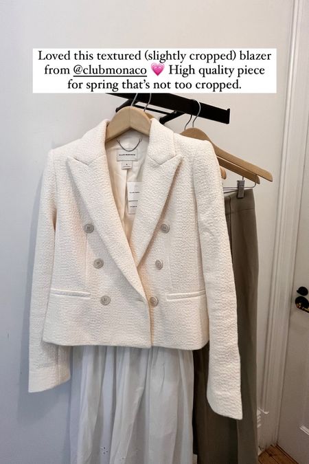 Cute spring blazer from Club Monaco - textured tweed and slightly cropped. Makes a great jacket for spring and classy workwear outfit. Runs true to size.

#LTKstyletip #LTKworkwear #LTKSeasonal