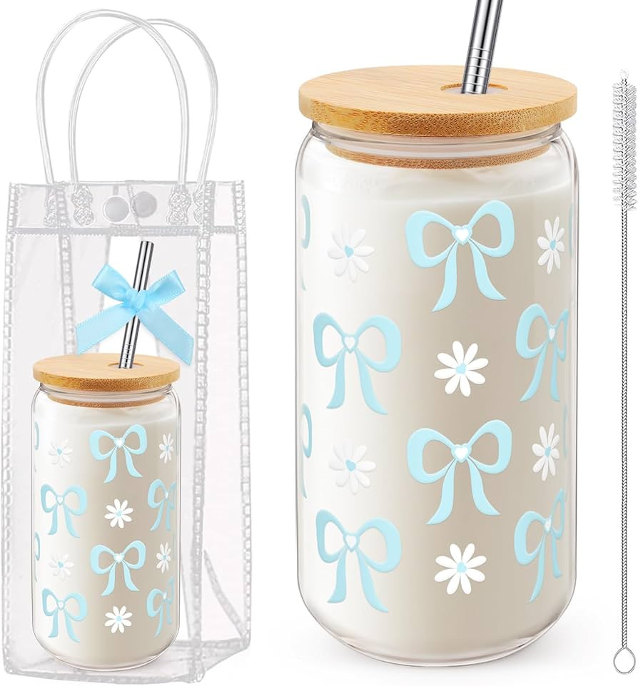 Giesiery Coquette Bow Glass Cup with Lid & Straw 16 oz Blue Bow Iced Coffee Tumbler for Women, Bi... | Amazon (US)