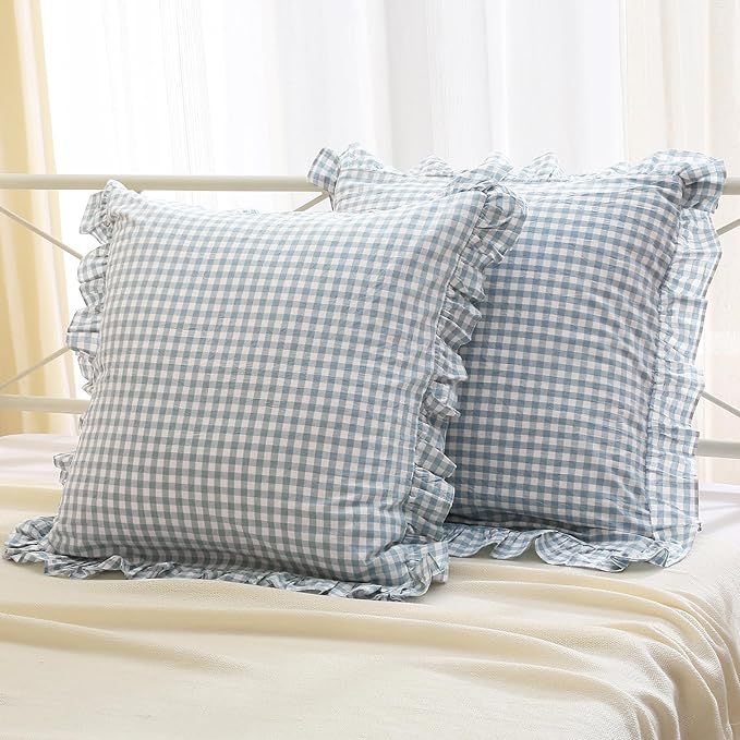 K MASANIJI 2PACK Dusty Blue White Plaid Euro Pillow Shams 26x26 inches, 100% Cotton Checkered Gin... | Amazon (US)