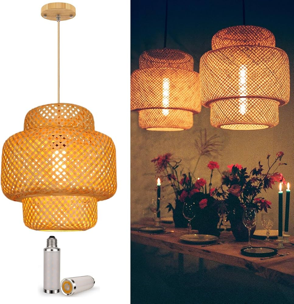 Bamboo Pendant Lights, Boho Wicker Rattan Chandelier, Natural Hanging Lamp for Living Room, Bedro... | Amazon (US)
