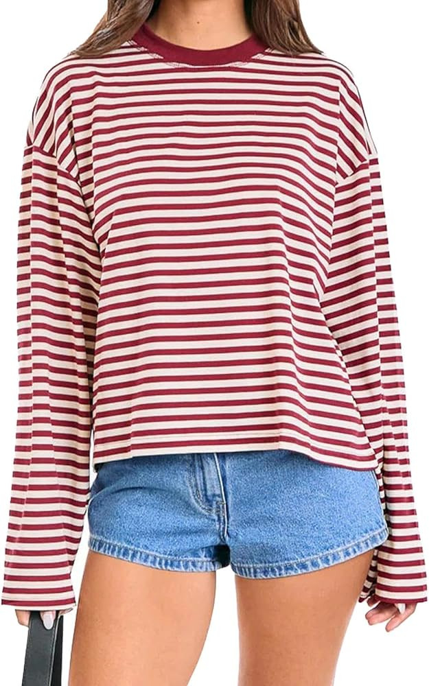 Women Striped Long Sleeve Shirt Crewneck Cropped Pullover Top Fall Winter Vintage Sweatshirt Stre... | Amazon (US)