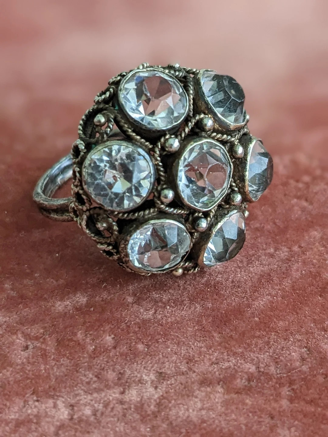 Antique Clear Glass Stone Cluster Ring // Ornate Sterling - Etsy | Etsy (US)