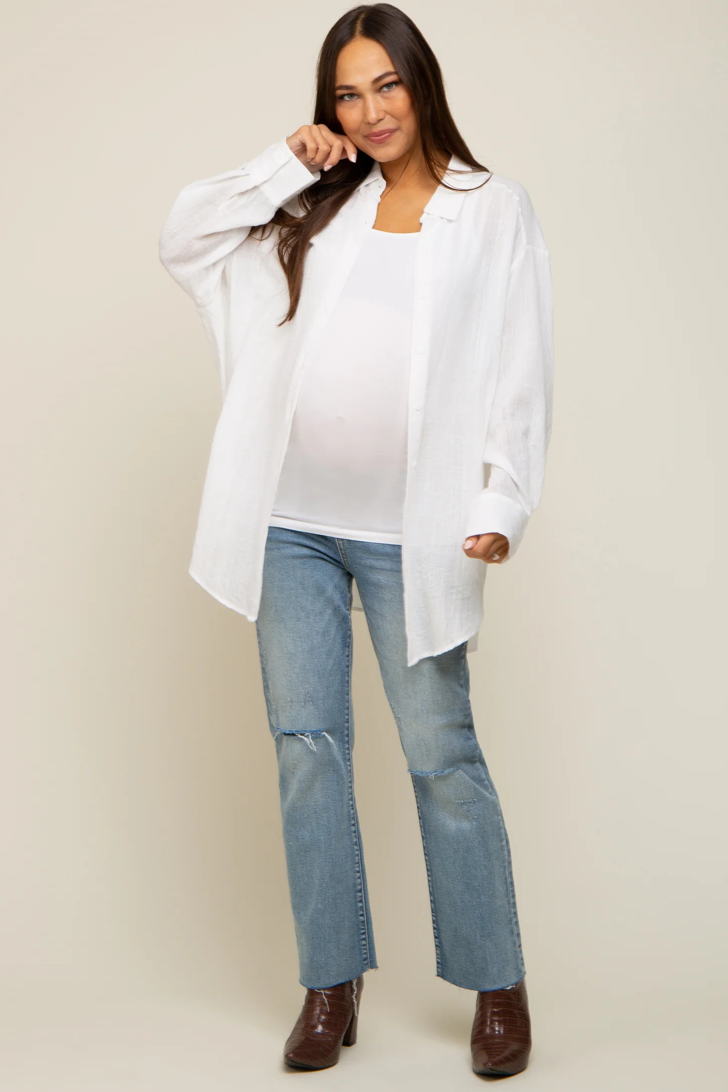 Ivory Lightweight Sheer Button Down Maternity Blouse | PinkBlush Maternity