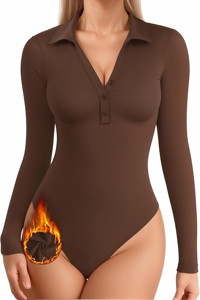 MANGOPOP Henley Bodysuit for Women Button Down Long Sleeve Tops Body Suits Dressy Blouse Casual | Amazon (US)